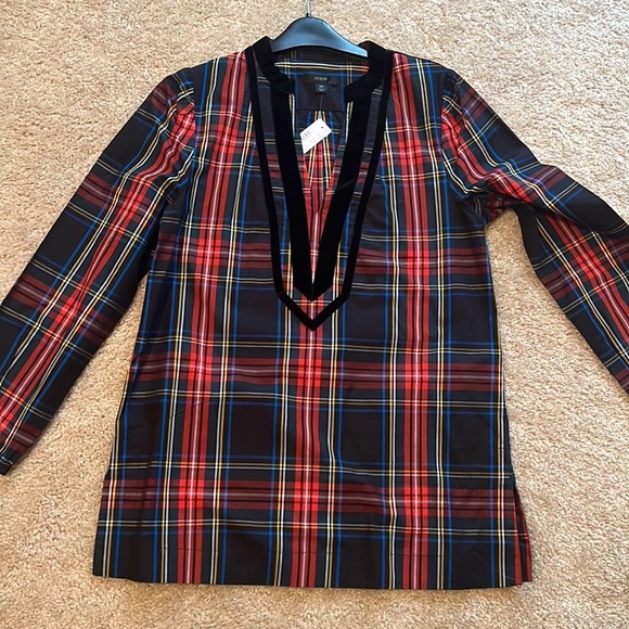 J Crew Velvet Trimmed V Neck Tunic Black red Tartan long sleeve blouse top XS - Picture 2 of 8